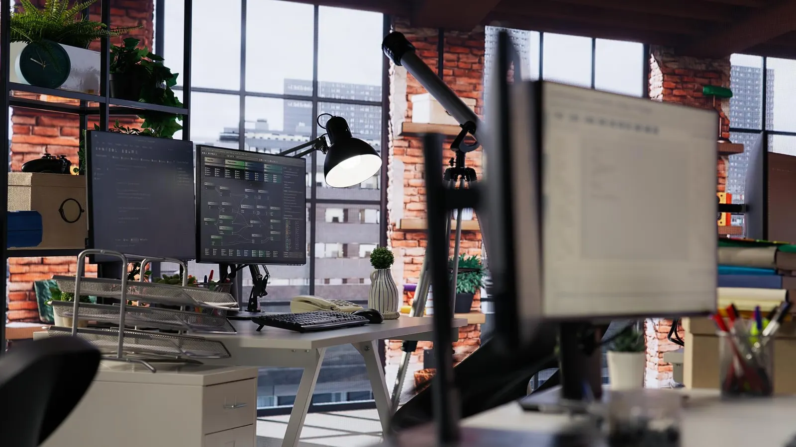 Empty software company office with monitors showing code and a workflow dashboard by large windows